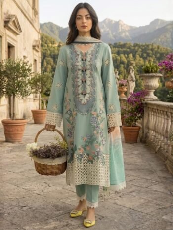 MUSHQ Embroidered Lawn Dress With Chiffon Printed Banadora Dupatta (Unstitched)