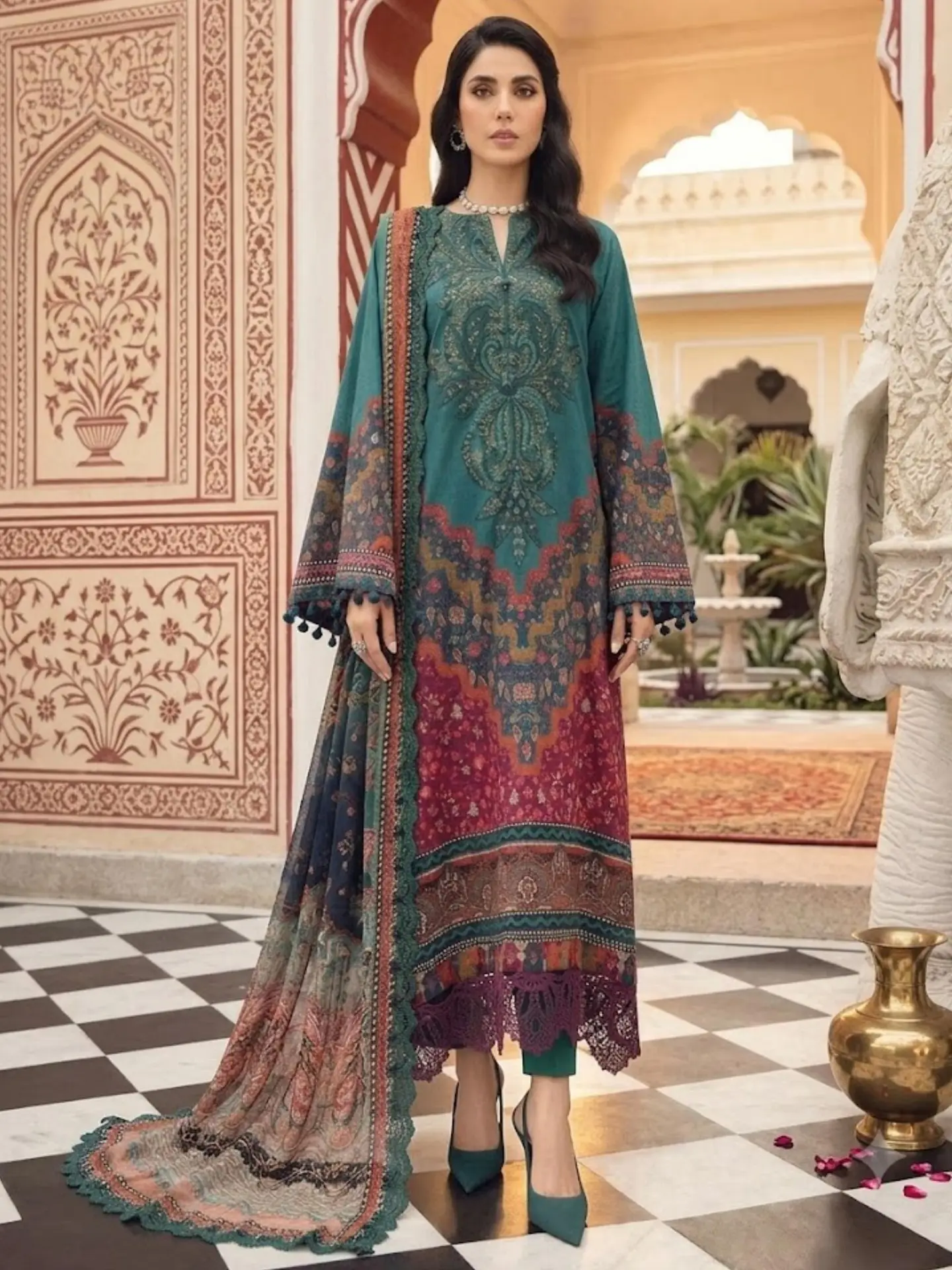 Digital Printed Embroidered Lawn Dress With Chiffon Embroidered Dupatta (Unstitched)