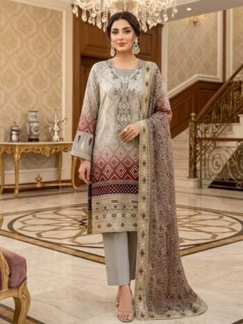 Lawn Heavy Embroidered Chunri Print Suit Design with 4-Side Embroidered Chiffon Dupatta