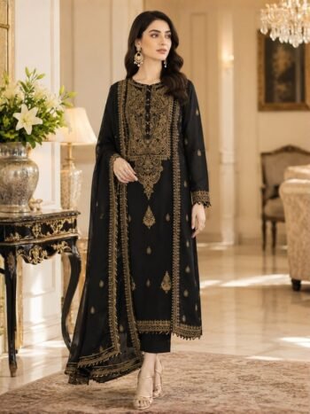 Chiffon Heavy Embroidered Black Spengle Suit with Chiffon Embroidered Dupatta (Unstitched)