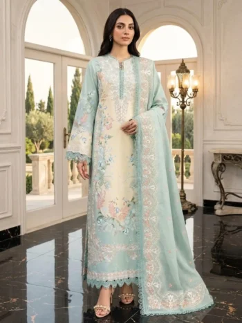 Luxury Heavy Embroidered Lawn Dress With 4-Sided Chiffon Embroidered Dupatta (Unstitched)