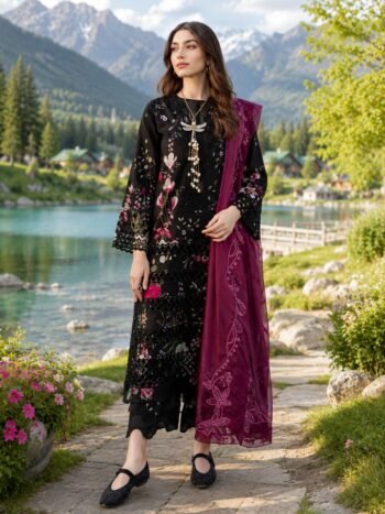 Digital Lawn Printed Maria B Embroidered Dress With Chiffon Printed Dupatta (Unstitched)