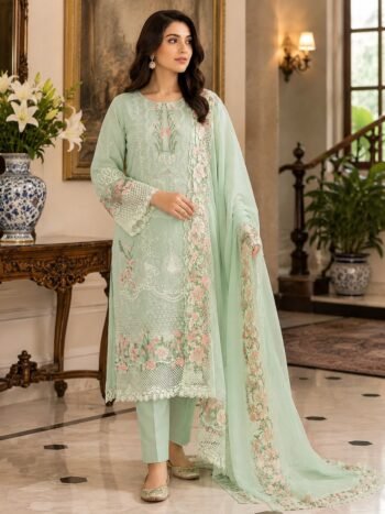 Cotton Schiffli Heavy Embroidered Party Dress with Embroidered Chiffon Dupatta