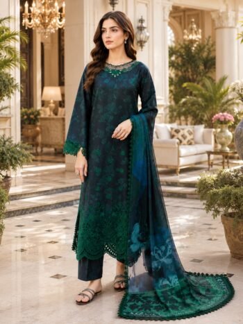 Lawn Heavy Embroidered Suit with 4 Sided Chiffon Embroidered Dupatta (Unstitched)