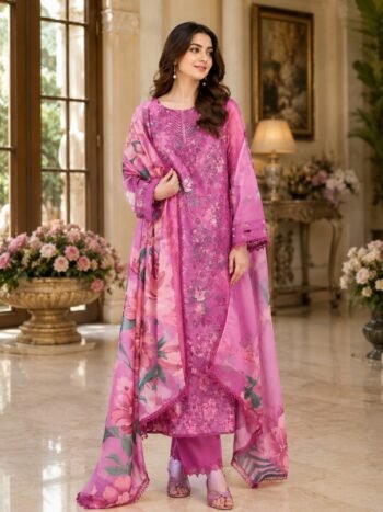 Aneela’s Lawn Schiffli Embroidered All-Over Print Dress with 4 Sided Embroidered Chiffon Dupatta (Unstitched)