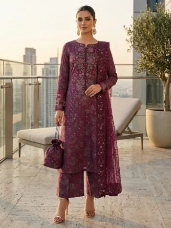 Luxury Iznik Embroidered Printed Lawn Dress with 4-Sided Embroidered Chiffon Dupatta (Unstitched)