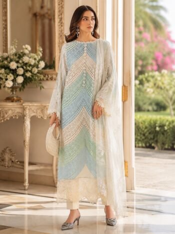 Beautiful Lawn Embroidered Rainbow Design Dress with 4-Sided Chiffon Embroidered Dupatta (Unstitched)