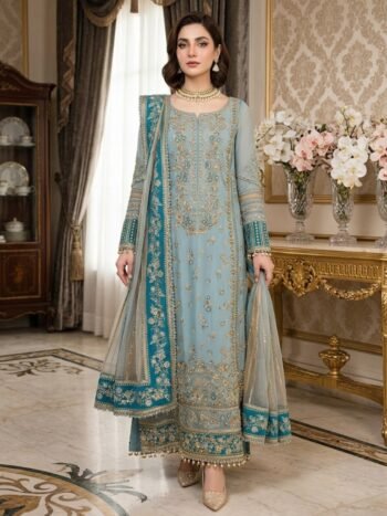 Chiffon Luxury Heavy Embroidered Suit with Net Tie & Dye Embroidered Dupatta (Unstitched)