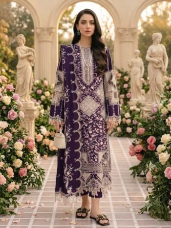 Heavy Embroidered Cotton Lawn Dress With Chiffon Embroidered Dupatta (Unstitched)
