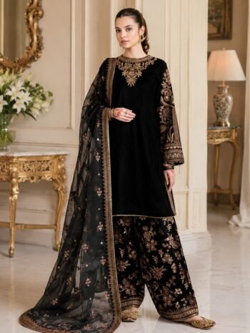 Velvet Luxury Embroidered Wedding Suit with Net Embroidery Dupatta and Silk Heavy Embroidery Trouser (Unstitched)