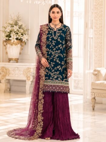 Chiffon Heavy Embroidered Wedding Suit with 4 Sided Embroidered Net Dupatta (Unstitched)