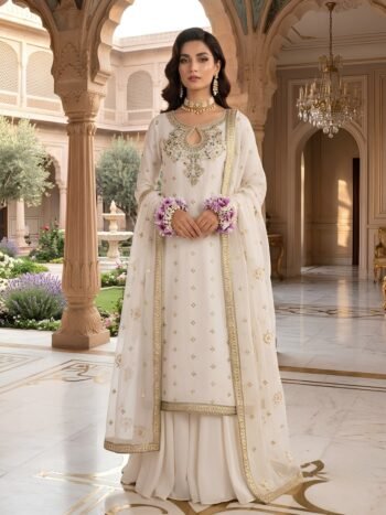 Elegant White Chiffon Embroidered Suit with 4-Sided Net Embroidered Dupatta (Unstitched)