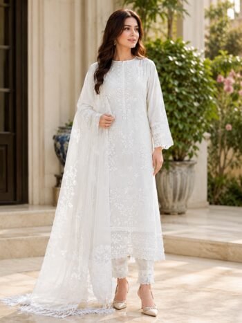 Lawn Heavy Embroidered White Dress with 4 Sided Embroidery Chiffon Dupatta 3 Pcs Dress (Unstitched)