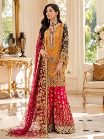 Heavy Embroidered Chiffon Wedding Sharara Dress (Unstitched)