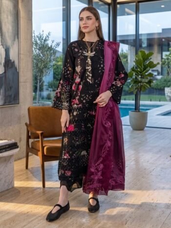 Digital Lawn Printed Maria B Embroidered Dress With Chiffon Printed Dupatta (Unstitched)