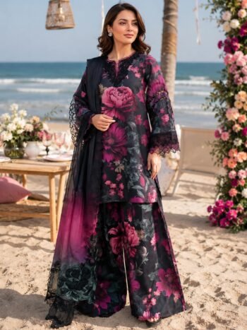 Lawn Digital Printed Dress with Heavy Embroidery Bunches and Chiffon Dupatta (Unstitched)