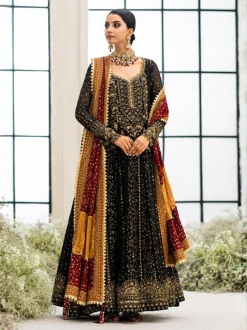 Luxury Heavy Embroidered Black Chiffon Maxi Dress for Weddings and Parties (Unstitched)