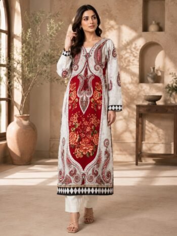 Elegant Ethnic Viscous Slub Digital Printed Long Kaftan Shirt (Unstitched)