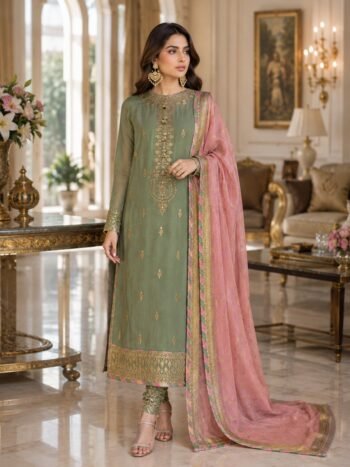 Chiffon Heavy Embroidered Partywear Dress With Heavy Embroidered Chiffon Dupatta and Plain Trouser (Unstitched)