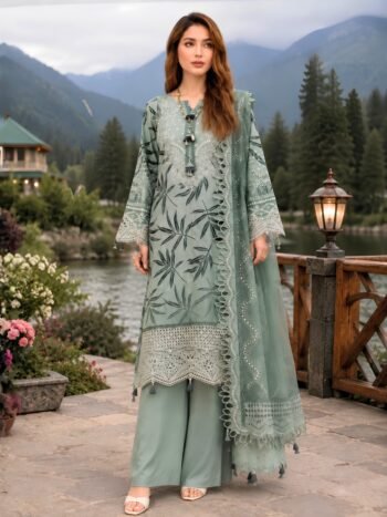 Lawn Embroidered Partywear Dress with 4 Sided Embroidered Chiffon Dupatta (Unstitched)