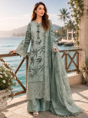 Lawn Embroidered Partywear Dress with 4 Sided Embroidered Chiffon Dupatta (Unstitched)