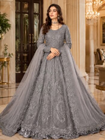 Beautiful 3D Handwork & Embroidered Net Wedding Maxi Dress (Unstitched)