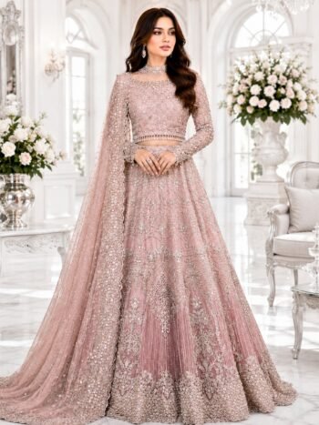 Luxurious 3D Full Handwork Heavy Embroidered Net Wedding Maxi Dress (Unstitched)