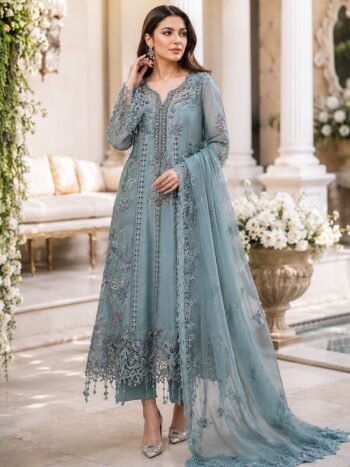 Luxurious Heavy Embroidered Dusty Blue Chiffon Wedding Dress with Handcrafted Detailing (Unstitched)