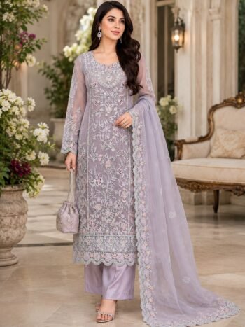Glamorous Unstitched Embroidered Lavender Grey Organza Wedding Dress with Hand Embellishments