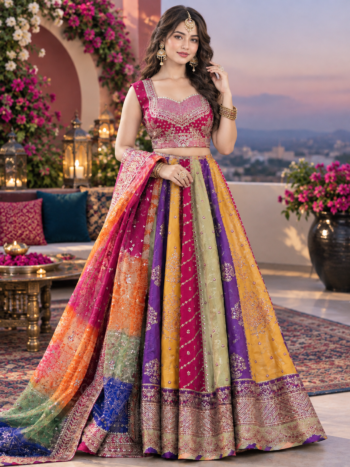 Luxury Heavy Embroidered Multicolor Raw Silk Bridal Maxi Dress with Chunri Print Organza Dupatta (Unstitched)