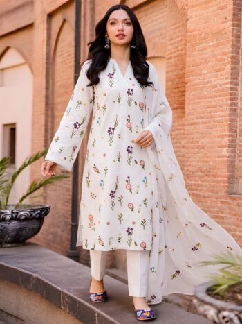 Bareeze Cotton Embroidered 3 Piece Suit with Chiffon Embroidered Dupatta (Unstitched)