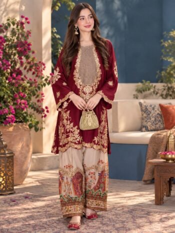 Ethnic Trending 2 Piece Silk Embroidered Dress with Digital Printed Trouser (Unstitched)