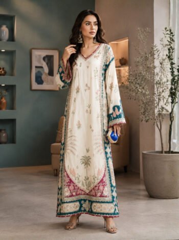 Elegant Viral Off White Silk Kaftan Heavy Embroidered 3 Piece Modern Suit (Unstitched)