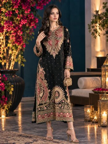 Charmeuse Silk Ethnic Black Kaftan with Heavy Embroidery and Velvet Applique Work with 4 Sided Embroidered Silk Dupatta (Unstitched)
