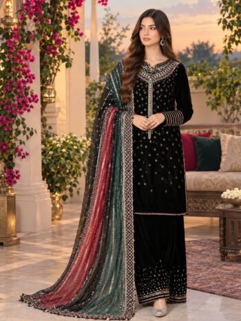 Heavy Embroidered Black Velvet Dress with Embroidered Dupatta & Embroidered Silk Trouser (Unstitched)