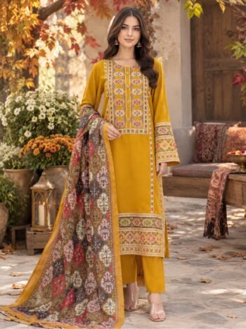 Aneela's Luxury Heavy Embroidered Dhanak Dress with Printed Wool Shawl (Unstitched)