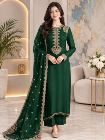 Beautiful Embroidered Chiffon Party Wear Dress with Handwork Neck Patch and Dupatta (Unstitched)