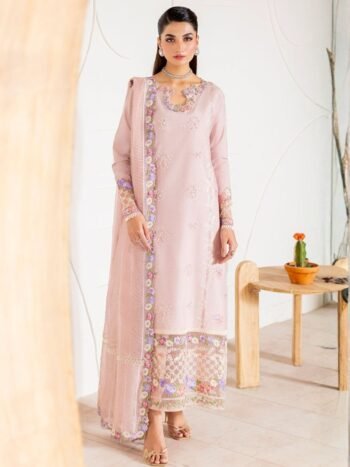 MUSHQ Pink Chiffon Hand Embalishment Embroidered Dress With Khaadi Net Embroidered Dupatta (Unstitched)
