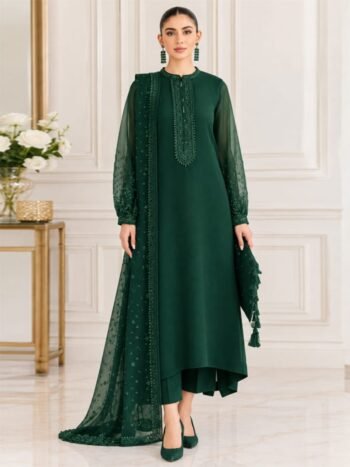Decent Budget Friendly Bottle Green Chiffon Embroidered 3 Piece Party Wear Dress (Unstitched)