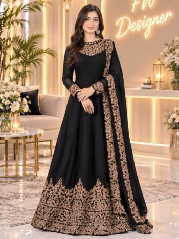 Elegant Black Indian Heavy Embroidered Chiffon Maxi with Chiffon Embroidered Dupatta (Unstitched)