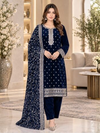 Luxury Velvet Embroidered Wedding Dress with Embroidered Shawl (Unstitched)